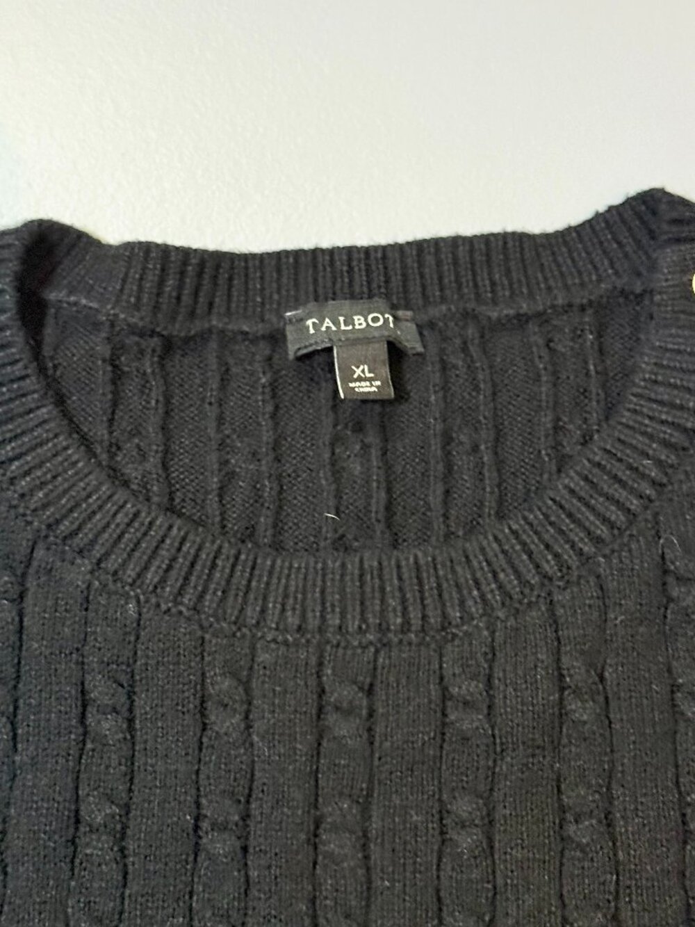 Talbots Black Cable Knit Shoulder Button Crewneck Sweater Women’s XL